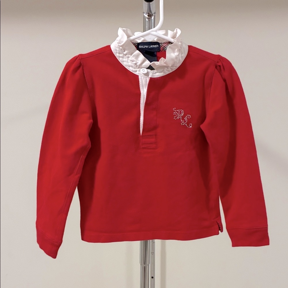Ralph Lauren Girls’ Red Long Sleeve Shirt with White Ruffle Collar